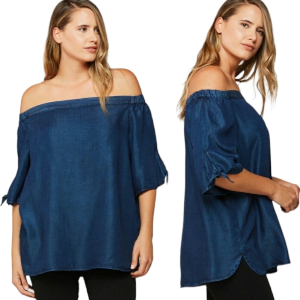 NWT VELVET HEART Off Shoulder Dark Blue Indigo Chambray Large Top